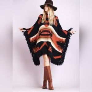 Ralph Lauren Hand Knit Wool Wrap Sweater Fringe Poncho Southwestern Aztec OS-XL